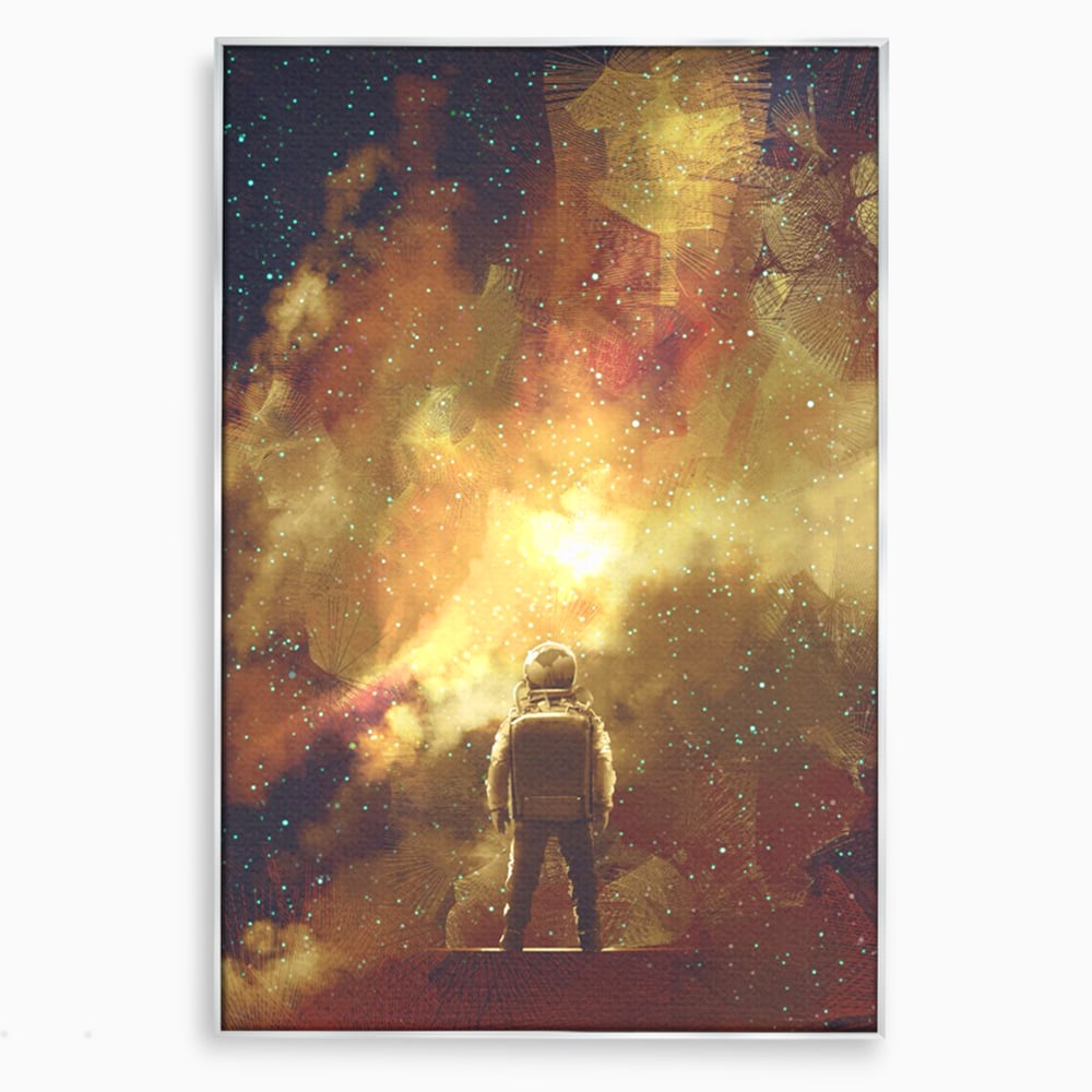 Tablou canvas cu ilustratie cu astronaut privind stelele, in rama de aluminiu argintiu